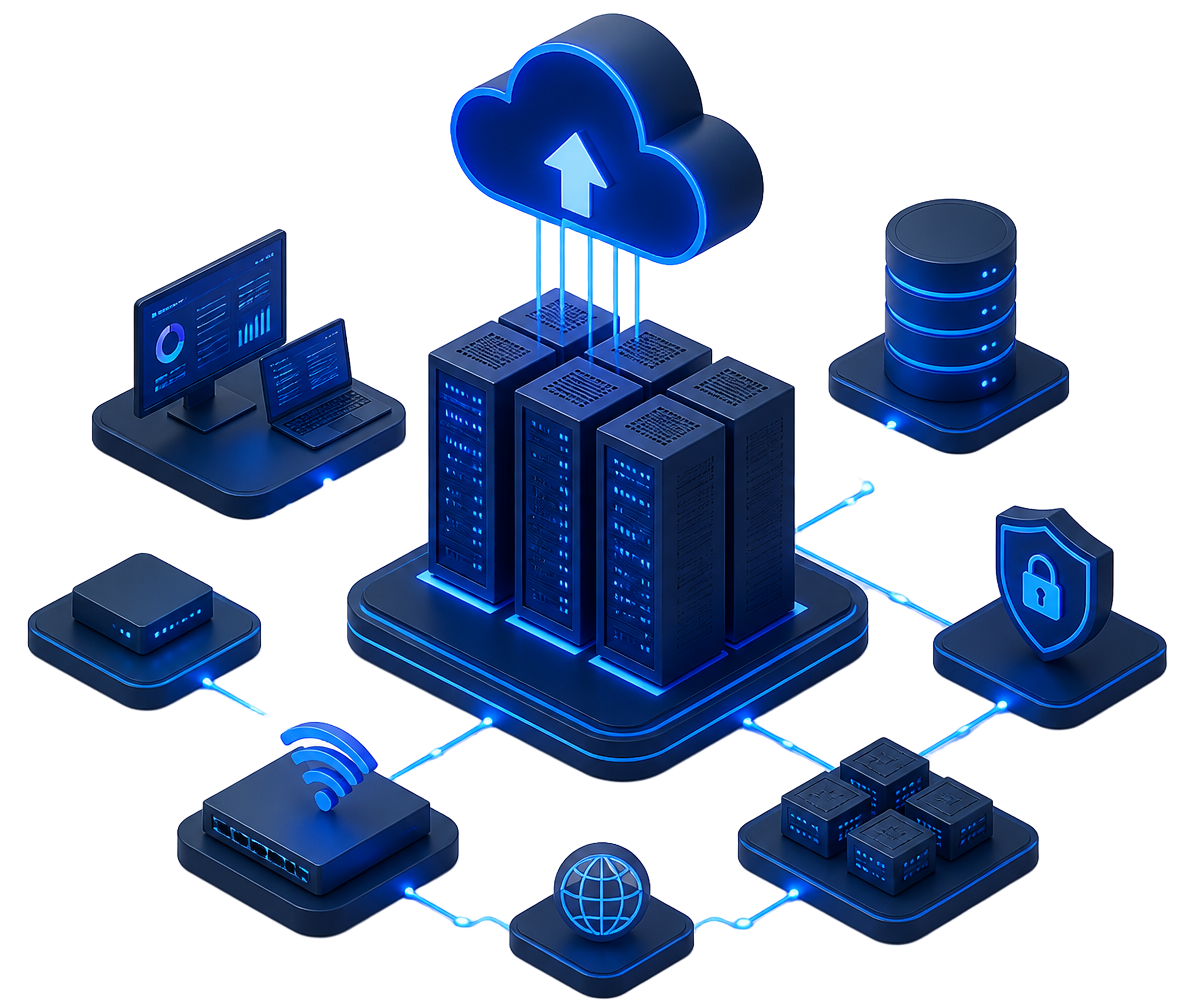 Ilustração isométrica de servidores, cloud e infraestrutura de rede empresarial